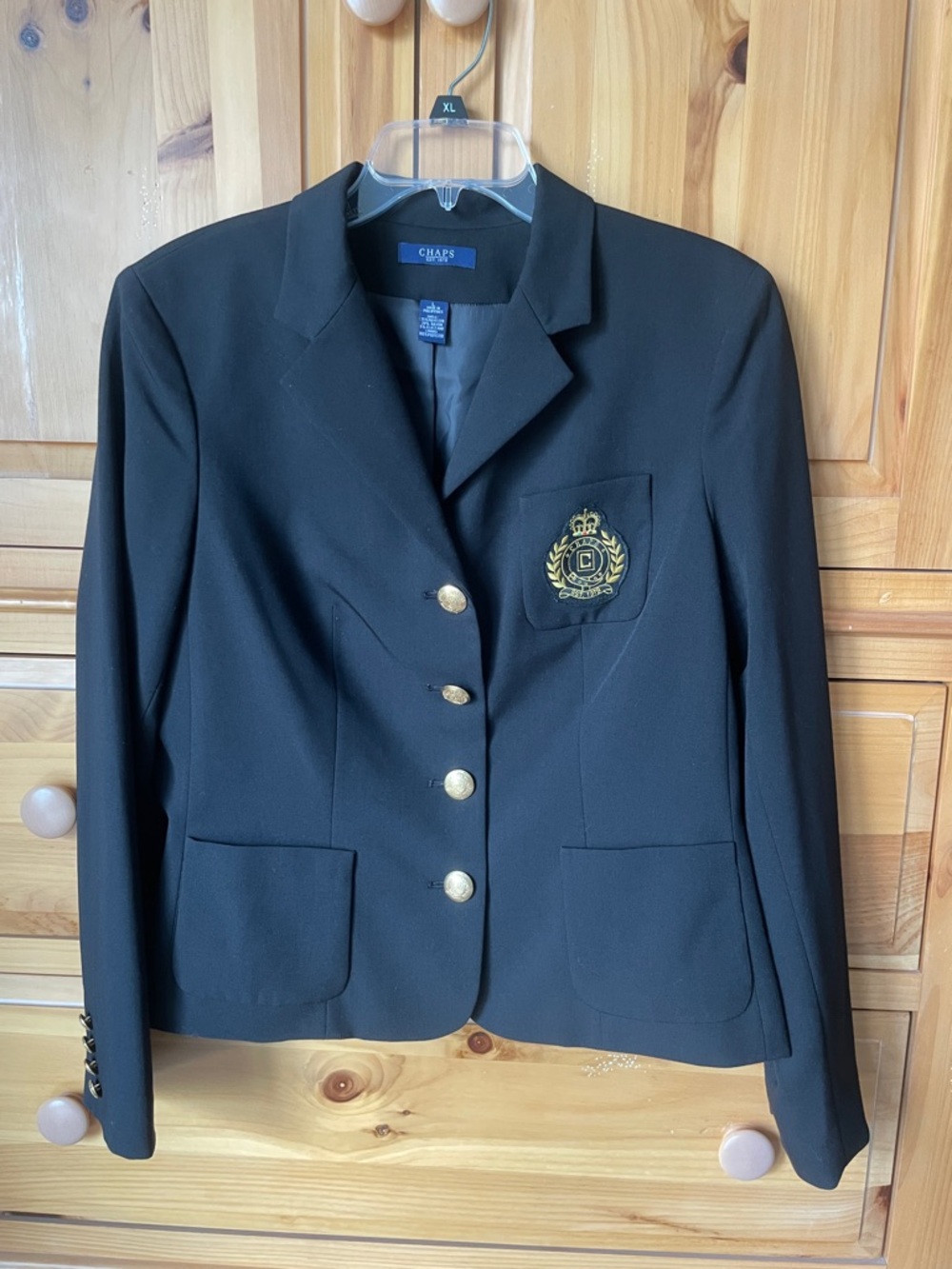 Chaps Black Blazer with Gold Embroidered Crest and Buttons